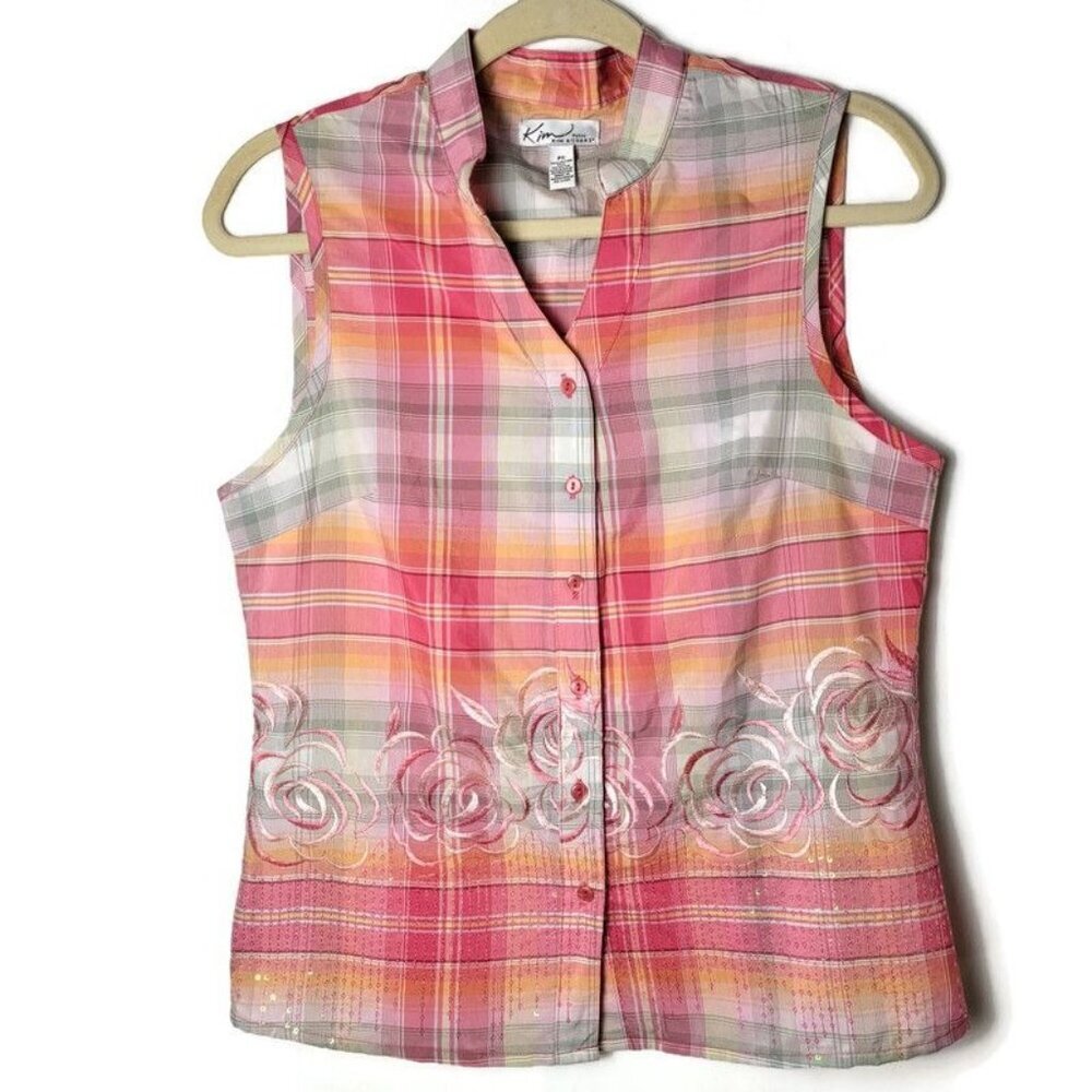 VTG 90s Kim Rogers Plaid Floral Embroidered Sequins Sleeveless Button Up Top PS